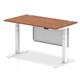 Air Modesty 1400 x 800mm Height Adjustable Office Desk Walnut Top Cable Ports White Leg With White Steel Modesty Panel