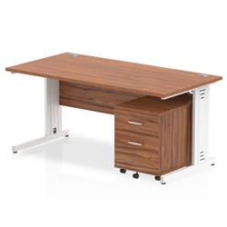 Impulse 1600 x 800mm Straight Office Desk Walnut Top White Cable Managed Leg Workstation 2 Drawer Mobile Pedestal