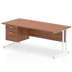 Impulse 1800 x 800mm Straight Office Desk Walnut Top White Cantilever Leg Workstation 1 x 2 Drawer Fixed Pedestal