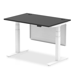Air Black Series 1200 x 800mm Height Adjustable Desk Black Top with Cable Ports White Leg With White Steel Modesty Panel