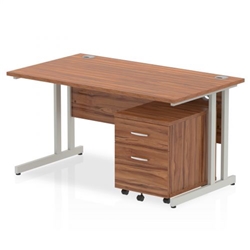 Impulse 1400 x 800mm Straight Office Desk Walnut Top Silver Cantilever Leg Workstation 2 Drawer Mobile Pedestal