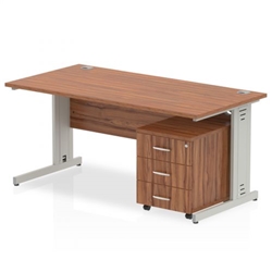 Impulse 1400 x 800mm Straight Office Desk Walnut Top Silver Cable Managed Leg Workstation 3 Drawer Mobile Pedestal