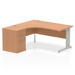 Impulse 1600mm Left Crescent Office Desk Oak Top Silver Cable Managed Leg Workstation 600 Deep Desk High Pedestal