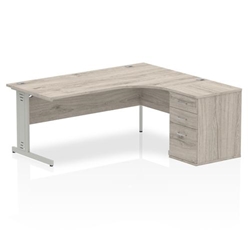 Impulse 1800mm Right Crescent Office Desk Grey Oak Top Silver Cable Managed Leg Workstation 600 Deep Desk High Pedestal