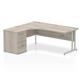 Impulse 1800mm Left Crescent Office Desk Grey Oak Top Silver Cantilever Leg Workstation 600 Deep Desk High Pedestal