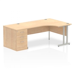 Impulse 1600mm Right Crescent Office Desk Maple Top Silver Cantilever Leg Workstation 800 Deep Desk High Pedestal