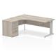 Impulse 1800mm Left Crescent Office Desk Grey Oak Top Silver Cable Managed Leg Workstation 600 Deep Desk High Pedestal