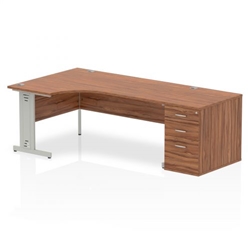 Impulse 1800mm Left Crescent Office Desk Walnut Top Silver Cable Managed Leg Workstation 800 Deep Desk High Pedestal