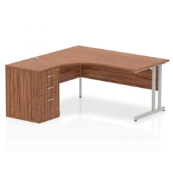 Impulse 1600mm Left Crescent Office Desk Walnut Top Silver Cantilever Leg Workstation 600 Deep Desk High Pedestal