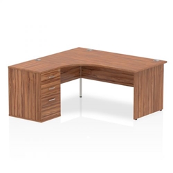 Impulse 1600mm Left Crescent Office Desk Walnut Top Panel End Leg Workstation 600 Deep Desk High Pedestal
