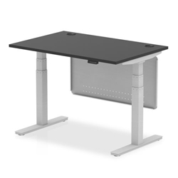 Air Black Series 1200 x 800mm Height Adjustable Desk Black Top with Cable Ports Silver Leg With Silver Steel Modesty Panel