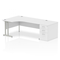 Impulse 1800mm Left Crescent Office Desk White Top Silver Cantilever Leg Workstation 800 Deep Desk High Pedestal