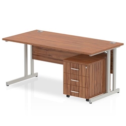Impulse 1400 x 800mm Straight Office Desk Walnut Top Silver Cantilever Leg Workstation 3 Drawer Mobile Pedestal
