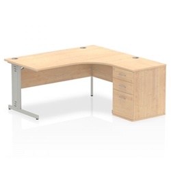 Impulse 1600mm Right Crescent Office Desk Maple Top Silver Cable Managed Leg Workstation 600 Deep Desk High Pedestal
