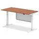 Air Modesty 1600 x 800mm Height Adjustable Office Desk Walnut Top Cable Ports White Leg With White Steel Modesty Panel