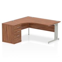 Impulse 1600mm Left Crescent Office Desk Walnut Top Silver Cable Managed Leg Workstation 600 Deep Desk High Pedestal