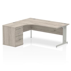 Impulse 1800mm Left Crescent Office Desk Grey Oak Top Silver Cable Managed Leg Workstation 600 Deep Desk High Pedestal