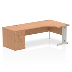 Impulse 1800mm Right Crescent Office Desk Oak Top Silver Cable Managed Leg Workstation 800 Deep Desk High Pedestal