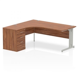 Impulse 1800mm Left Crescent Office Desk Walnut Top Silver Cable Managed Leg Workstation 600 Deep Desk High Pedestal