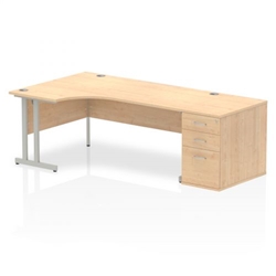 Impulse 1800mm Left Crescent Office Desk Maple Top Silver Cantilever Leg Workstation 800 Deep Desk High Pedestal