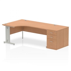 Impulse 1800mm Left Crescent Office Desk Oak Top Silver Cable Managed Leg Workstation 800 Deep Desk High Pedestal