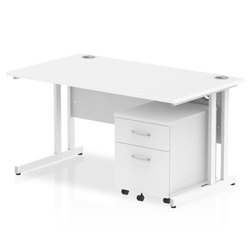 Impulse 1400 x 800mm Straight Office Desk White Top White Cantilever Leg Workstation 2 Drawer Mobile Pedestal