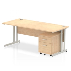 Impulse 1800 x 800mm Straight Office Desk Maple Top Silver Cantilever Leg Workstation 2 Drawer Mobile Pedestal