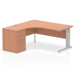Impulse 1600mm Left Crescent Office Desk Beech Top Silver Cable Managed Leg Workstation 600 Deep Desk High Pedestal