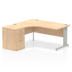 Impulse 1600mm Left Crescent Office Desk Maple Top Silver Cable Managed Leg Workstation 600 Deep Desk High Pedestal