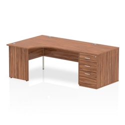 Impulse 1600mm Left Crescent Office Desk Walnut Top Panel End Leg Workstation 800 Deep Desk High Pedestal