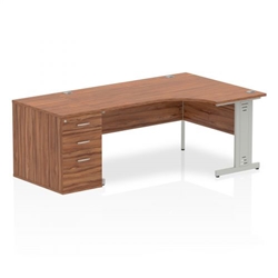 Impulse 1600mm Right Crescent Office Desk Walnut Top Silver Cable Managed Leg Workstation 800 Deep Desk High Pedestal