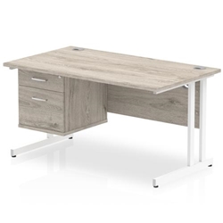 Impulse 1400 x 800mm Straight Office Desk Grey Oak Top White Cantilever Leg Workstation 1 x 2 Drawer Fixed Pedestal