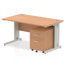 Impulse 1400 x 800mm Straight Office Desk Oak Top Silver Cable Managed Leg Workstation 2 Drawer Mobile Pedestal