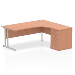 Impulse 1800mm Right Crescent Office Desk Beech Top Silver Cantilever Leg Workstation 600 Deep Desk High Pedestal
