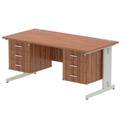 Impulse 1600 x 800mm Straight Office Desk Walnut Top Silver Cable Managed Leg Workstation 2 x 3 Drawer Fixed Pedestal