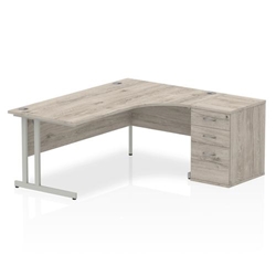 Impulse 1800mm Right Crescent Office Desk Grey Oak Top Silver Cantilever Leg Workstation 600 Deep Desk High Pedestal