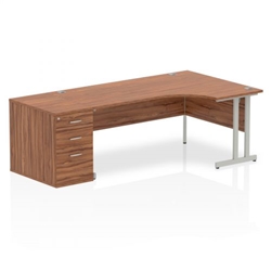 Impulse 1800mm Right Crescent Office Desk Walnut Top Silver Cantilever Leg Workstation 800 Deep Desk High Pedestal