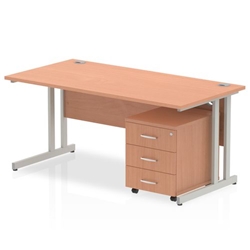 Impulse 1600 x 800mm Straight Office Desk Oak Top Silver Cantilever Leg Workstation 3 Drawer Mobile Pedestal