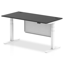Air Black Series 1600 x 800mm Height Adjustable Desk Black Top with Cable Ports White Leg With White Steel Modesty Panel