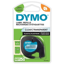Dymo LetraTag Tape Plastic 12mmx4m Black on Clear Ref S0721530