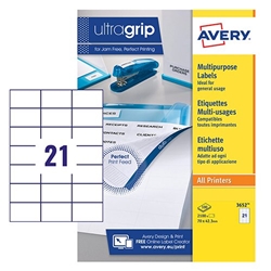 Avery Ultragrip Multipurpose Labels 70x42.3mm 21 Per Sheet White (Pack of 2100) 3652