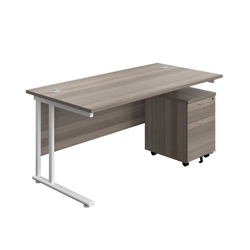 Twin Upright Rectangular Desk + Mobile 2 Drawer Pedestal 1800X800 Grey Oak/White Ref TWU1880BUNGOWH2