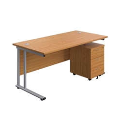Twin Upright Rectangular Desk + Mobile 3 Drawer Pedestal 1800X800 Nova Oak/Silver Ref TWU1880BUNNOSV3
