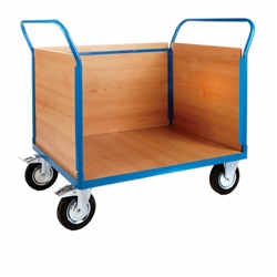 3 Veneer Sides Platform Truck; 1500 x 800 x 1050; Fixed/Swivel (x2 Braked) Castors; Steel; 500kg; Blue/Veneer