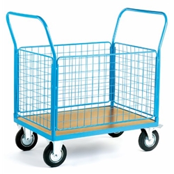 4 Mesh Sides Platform Truck; 1300 x 700 x 1050; Fixed/Swivel (x2 Braked) Castors; Steel; 500kg; Blue/Veneer