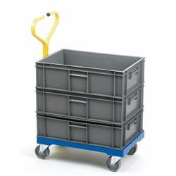 Container Dolly with Handle; 610 x 400 x 930; Swivel Castors; Plastic; 250kg; Blue/Yellow