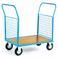 2 Mesh Ends Platform Truck; 1300 x 700 x 1050; Fixed/Swivel (x2 Braked) Castors; Steel; 500kg; Blue/Veneer