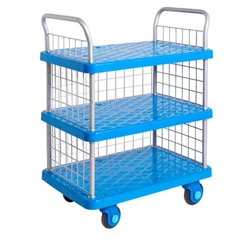 Proplaz® Super Silent Three Tier Trolley with Mesh Side & Ends; Super Silent Castors; Polypropylene; 300kg; Blue/Grey