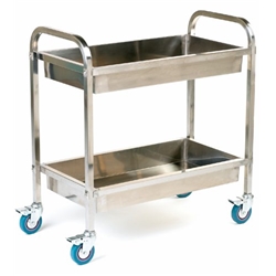 Tray Trolley; 2 Deep Shelves; Swivel (x4 Braked) Castors; Stainless Steel; 100kg; Silver