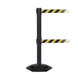 Obex Barriers® Weatherproof Twin Belt Barrier; Belt Length mm: 3400; Black Post; Black/Yellow Chevron